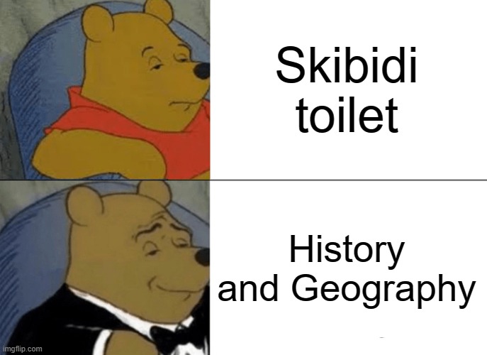 Tuxedo Winnie The Pooh Meme | Skibidi toilet History and Geography | image tagged in memes,tuxedo winnie the pooh | made w/ Imgflip meme maker