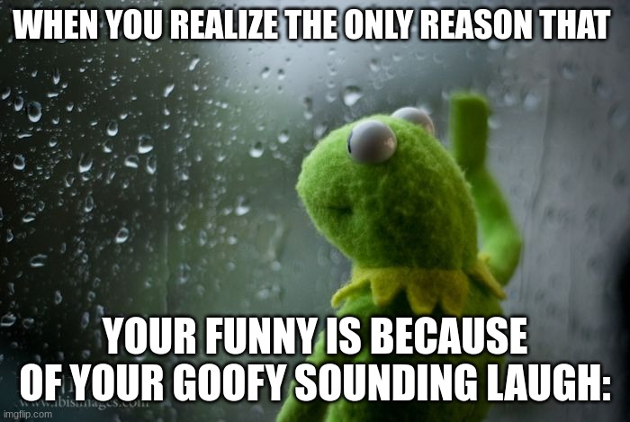 kermit window | WHEN YOU REALIZE THE ONLY REASON THAT; YOUR FUNNY IS BECAUSE OF YOUR GOOFY SOUNDING LAUGH: | image tagged in kermit window | made w/ Imgflip meme maker