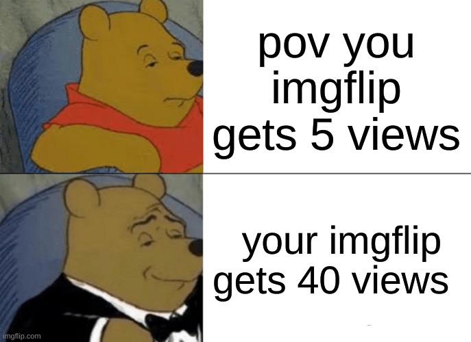 this is true | pov you imgflip gets 5 views; your imgflip gets 40 views | image tagged in memes,tuxedo winnie the pooh | made w/ Imgflip meme maker