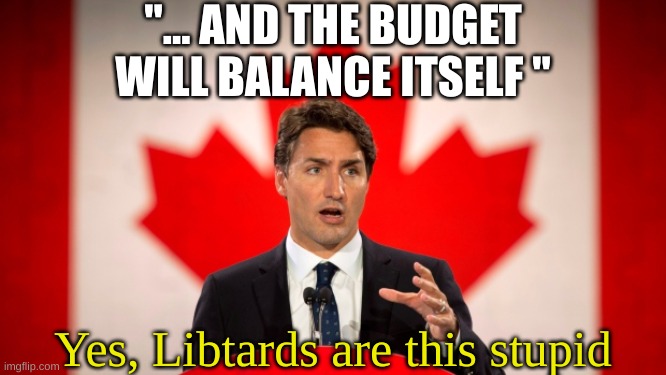 Justin Trudeau | "... AND THE BUDGET WILL BALANCE ITSELF " Yes, Libtards are this stupid | image tagged in justin trudeau | made w/ Imgflip meme maker