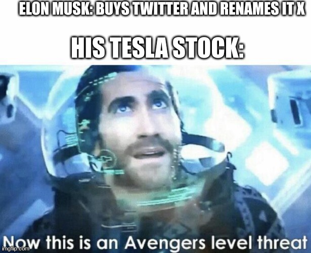 Now this is an Avengers level threat | ELON MUSK: BUYS TWITTER AND RENAMES IT X; HIS TESLA STOCK: | image tagged in now this is an avengers level threat | made w/ Imgflip meme maker