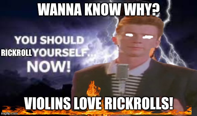 You should rickroll yourself now! | WANNA KNOW WHY? VIOLINS LOVE RICKROLLS! | image tagged in you should rickroll yourself now | made w/ Imgflip meme maker