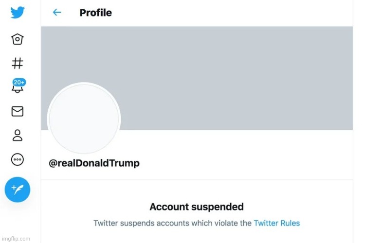 Trump banned from Twitter | image tagged in trump banned from twitter | made w/ Imgflip meme maker
