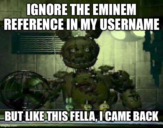 FNAF Springtrap in window | IGNORE THE EMINEM REFERENCE IN MY USERNAME; BUT LIKE THIS FELLA, I CAME BACK | image tagged in fnaf springtrap in window | made w/ Imgflip meme maker