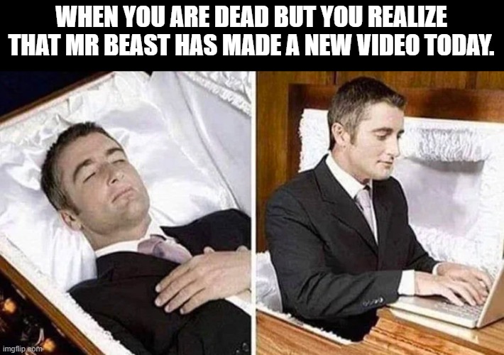 O YAY, MR BEAST HAS A NEW VID | WHEN YOU ARE DEAD BUT YOU REALIZE THAT MR BEAST HAS MADE A NEW VIDEO TODAY. | image tagged in deceased man in coffin typing | made w/ Imgflip meme maker