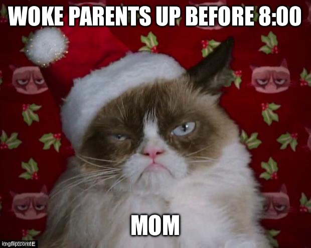 Woke my parents up early on christmas | WOKE PARENTS UP BEFORE 8:00; MOM | image tagged in grumpy cat christmas,christmas morning,wake up,parents,mom | made w/ Imgflip meme maker