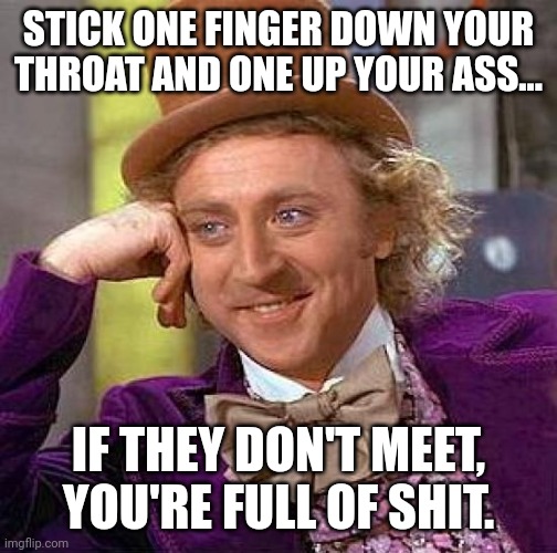 Creepy Condescending Wonka Meme | STICK ONE FINGER DOWN YOUR THROAT AND ONE UP YOUR ASS... IF THEY DON'T MEET, YOU'RE FULL OF SHIT. | image tagged in memes,creepy condescending wonka | made w/ Imgflip meme maker