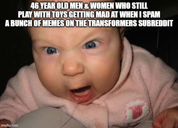 Evil Baby Meme | 46 YEAR OLD MEN & WOMEN WHO STILL PLAY WITH TOYS GETTING MAD AT WHEN I SPAM A BUNCH OF MEMES ON THE TRANSFORMERS SUBREDDIT | image tagged in memes,evil baby | made w/ Imgflip meme maker