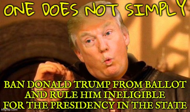 Supreme Court bans Donald Trump from ballot, rules him ineligible for the presidency | ONE DOES NOT SIMPLY; BAN DONALD TRUMP FROM BALLOT
AND RULE HIM INELIGIBLE FOR THE PRESIDENCY IN THE STATE | image tagged in one does not simply trump,donald trump approves,supreme court,it's the law,donald trump,creepy joe biden | made w/ Imgflip meme maker