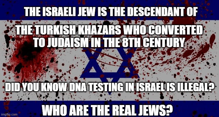 Israel Jews | THE ISRAELI JEW IS THE DESCENDANT OF; THE TURKISH KHAZARS WHO CONVERTED
TO JUDAISM IN THE 8TH CENTURY; DID YOU KNOW DNA TESTING IN ISRAEL IS ILLEGAL? WHO ARE THE REAL JEWS? | image tagged in bloody israel flag,israel,jews,jewish,khazars | made w/ Imgflip meme maker