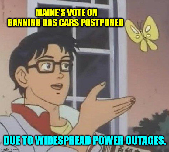 More coming... | MAINE'S VOTE ON BANNING GAS CARS POSTPONED; DUE TO WIDESPREAD POWER OUTAGES. | image tagged in memes,is this a pigeon,go green,irony | made w/ Imgflip meme maker
