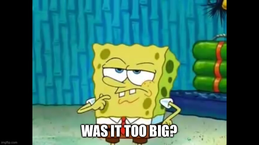 Questioning Spongebob | WAS IT TOO BIG? | image tagged in questioning spongebob | made w/ Imgflip meme maker