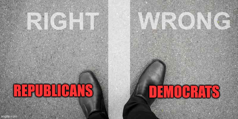 Who | REPUBLICANS; DEMOCRATS | image tagged in right and wrong,politics | made w/ Imgflip meme maker