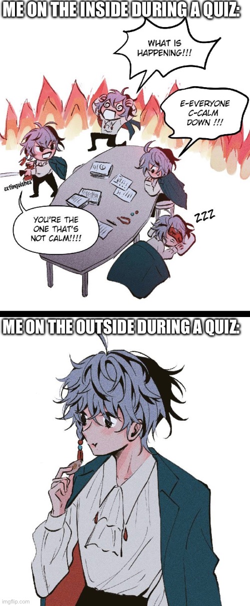 i’m crying rn | ME ON THE INSIDE DURING A QUIZ:; ME ON THE OUTSIDE DURING A QUIZ: | image tagged in middle school,test,quiz,epic fail | made w/ Imgflip meme maker