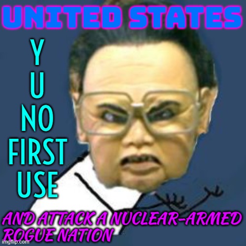 Y U NO First Use (NFU) | UNITED STATES; Y
U
NO
FIRST
USE; AND ATTACK A NUCLEAR-ARMED
ROGUE NATION | image tagged in memes,kim jong il y u no | made w/ Imgflip meme maker