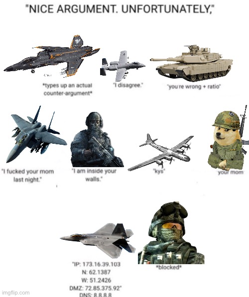 E | image tagged in nice argument unfortunately,memes,operator bravo,ace combat,tanks,call of duty | made w/ Imgflip meme maker