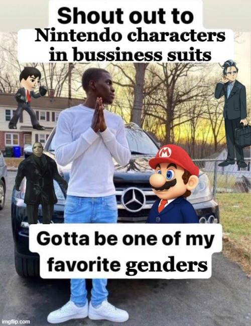 Fancy wear | Nintendo characters in bussiness suits; genders | image tagged in shout out to my favorite | made w/ Imgflip meme maker