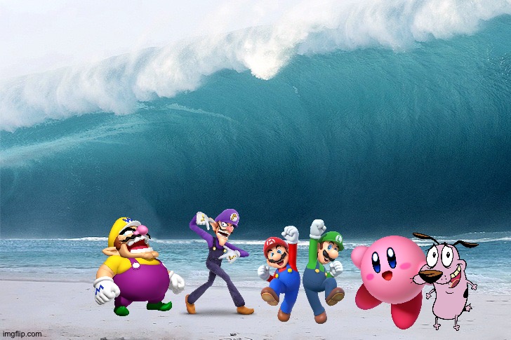 Wario and Friends dies by tsunami during a beach trip | image tagged in tsunami,crossover,wario dies,super mario,courage the cowardly dog,kirby | made w/ Imgflip meme maker