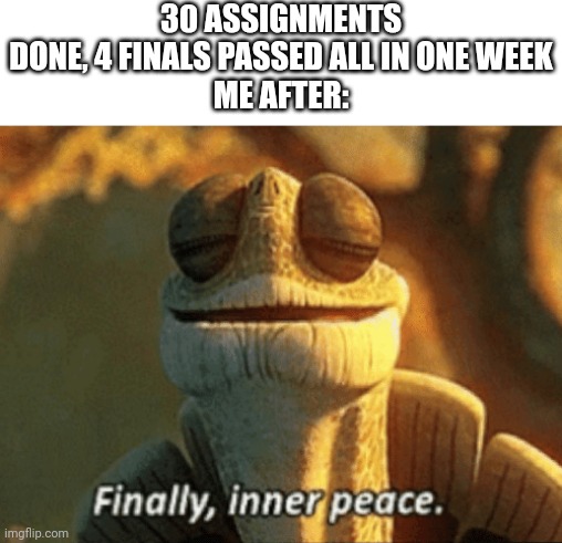 Winter break commences | 30 ASSIGNMENTS DONE, 4 FINALS PASSED ALL IN ONE WEEK
ME AFTER: | image tagged in finally inner peace,memes,funny,school | made w/ Imgflip meme maker