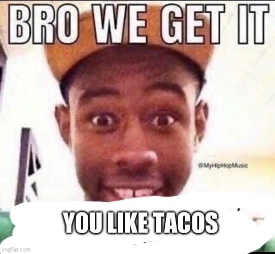 BRO WE GET IT YOU'RE GAY | YOU LIKE TACOS | image tagged in bro we get it you're gay | made w/ Imgflip meme maker