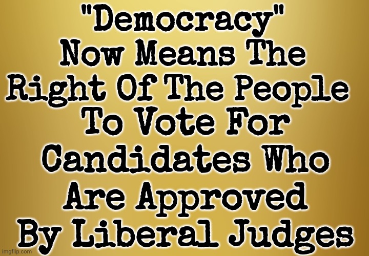 Democracy | "Democracy" Now Means The Right Of The People; To Vote For Candidates Who Are Approved By Liberal Judges | image tagged in democracy | made w/ Imgflip meme maker