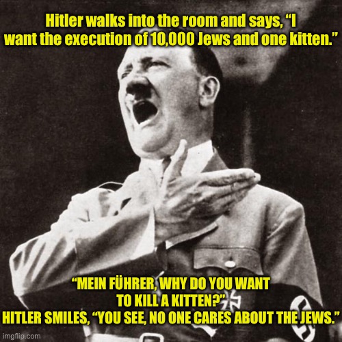 10000 Jews and a kitten | Hitler walks into the room and says, “I want the execution of 10,000 Jews and one kitten.”; “MEIN FÜHRER, WHY DO YOU WANT TO KILL A KITTEN?”
HITLER SMILES, “YOU SEE, NO ONE CARES ABOUT THE JEWS.” | image tagged in hitler peeved,execute jews and a kitten,why the kitten,see nobody cares | made w/ Imgflip meme maker