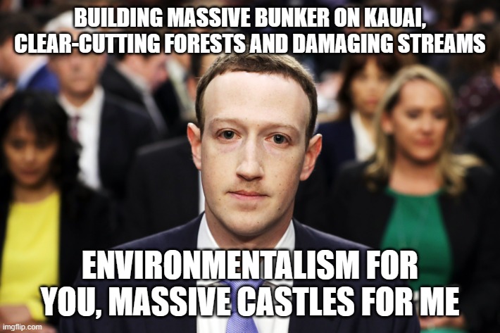 Mark Zuckerberg | BUILDING MASSIVE BUNKER ON KAUAI, CLEAR-CUTTING FORESTS AND DAMAGING STREAMS; ENVIRONMENTALISM FOR YOU, MASSIVE CASTLES FOR ME | image tagged in mark zuckerberg | made w/ Imgflip meme maker