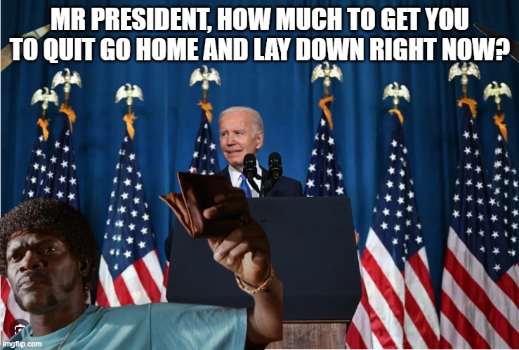 Jules BMF can end this | MR PRESIDENT, HOW MUCH TO GET YOU TO QUIT GO HOME AND LAY DOWN RIGHT NOW? | image tagged in pulp fiction,pulp fiction - jules,fjb,maga,joe biden,biden | made w/ Imgflip meme maker