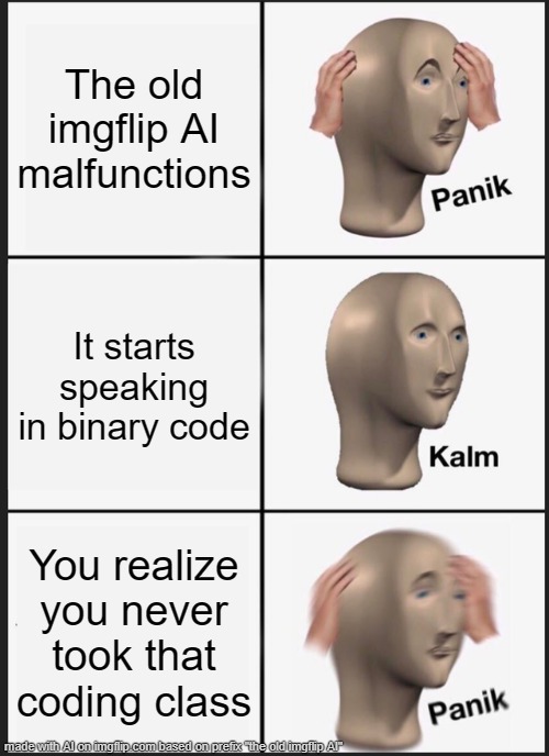 I tried making an AI meme about its old version | The old imgflip AI malfunctions; It starts speaking in binary code; You realize you never took that coding class | image tagged in memes,panik kalm panik,ai meme,nostalgia | made w/ Imgflip meme maker