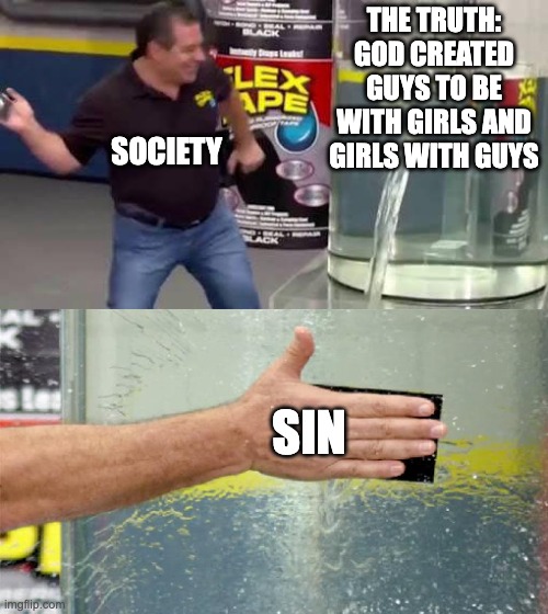 Flex Tape | THE TRUTH: GOD CREATED GUYS TO BE WITH GIRLS AND GIRLS WITH GUYS; SOCIETY; SIN | image tagged in flex tape | made w/ Imgflip meme maker