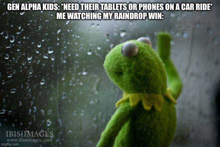 Kermit | GEN ALPHA KIDS: *NEED THEIR TABLETS OR PHONES ON A CAR RIDE*
ME WATCHING MY RAINDROP WIN: | image tagged in kermit window | made w/ Imgflip meme maker