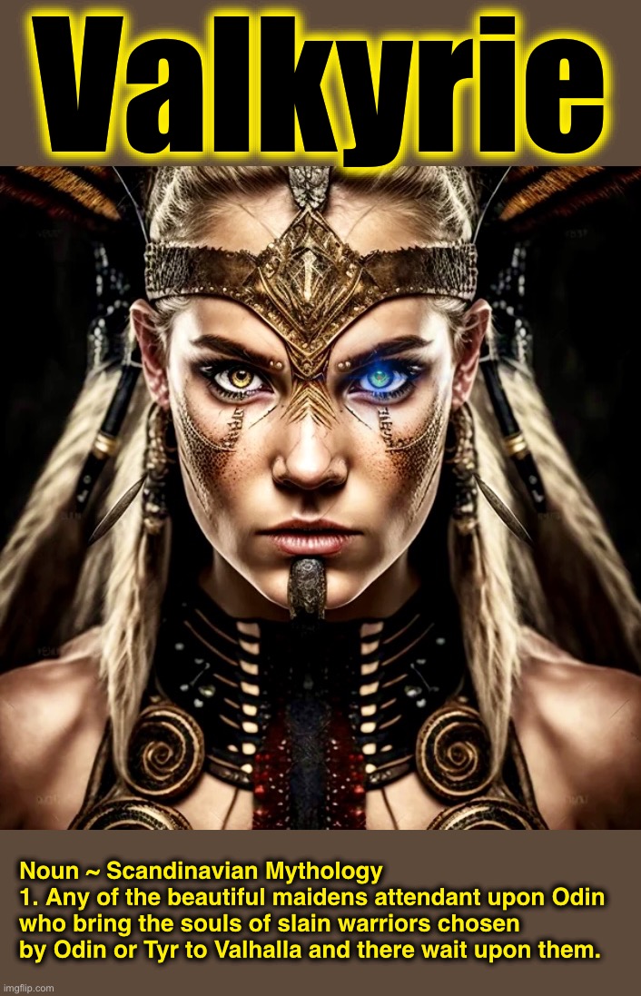 Word of the Day “V” | Valkyrie; Noun ~ Scandinavian Mythology
1. Any of the beautiful maidens attendant upon Odin who bring the souls of slain warriors chosen by Odin or Tyr to Valhalla and there wait upon them. | image tagged in valkyrie,memes,word of the day,mythology,asgardian | made w/ Imgflip meme maker