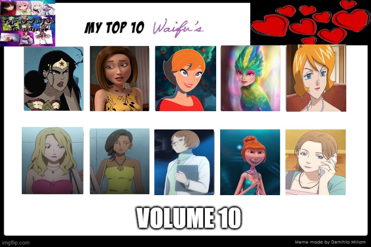 top 10 waifus volume 10 | VOLUME 10 | image tagged in top 10 waifus,waifu,anime,wonder woman,dreamworks,women | made w/ Imgflip meme maker