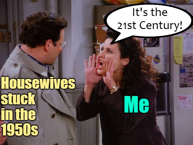 Dear 1950s Housewives: It's the 21st Century! | It's the 21st Century! Housewives
stuck
in the
1950s; Me | image tagged in you're insert thing you are,seinfeld,1950s housewife,21st century,funny memes,so true | made w/ Imgflip meme maker