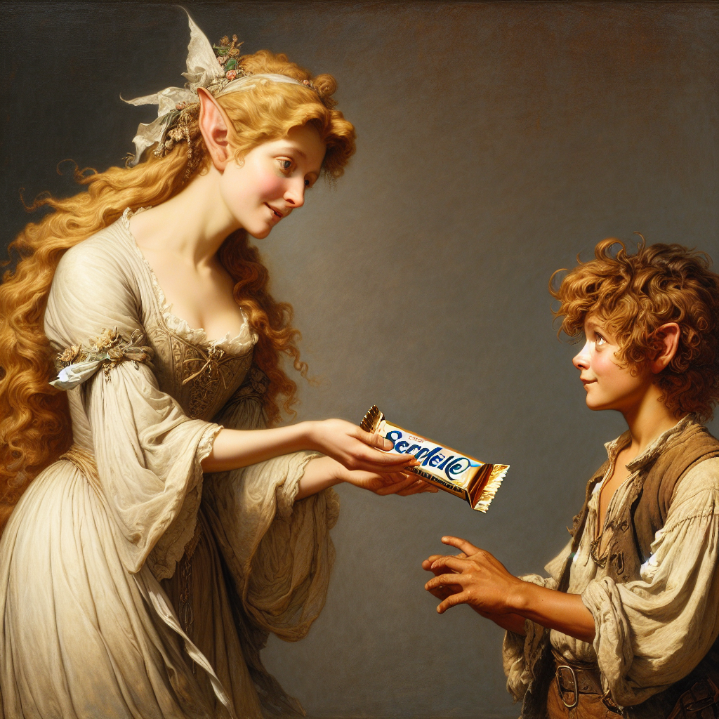 High Quality Galadriel giving Frodo a candy bar Blank Meme Template