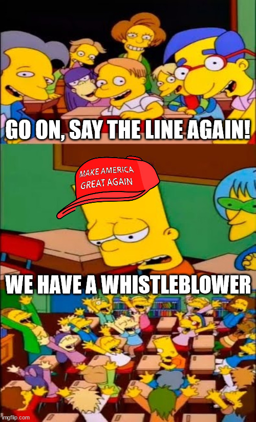 say the line bart! simpsons | GO ON, SAY THE LINE AGAIN! WE HAVE A WHISTLEBLOWER | image tagged in say the line bart simpsons | made w/ Imgflip meme maker