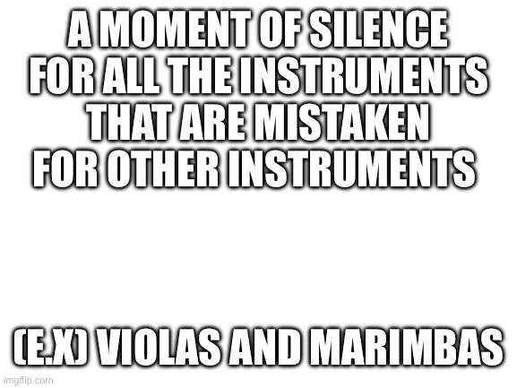 (mod note: and cellos and the bigger cellos [i forgor name]) | A MOMENT OF SILENCE FOR ALL THE INSTRUMENTS THAT ARE MISTAKEN FOR OTHER INSTRUMENTS; (E.X) VIOLAS AND MARIMBAS | image tagged in blank white template | made w/ Imgflip meme maker