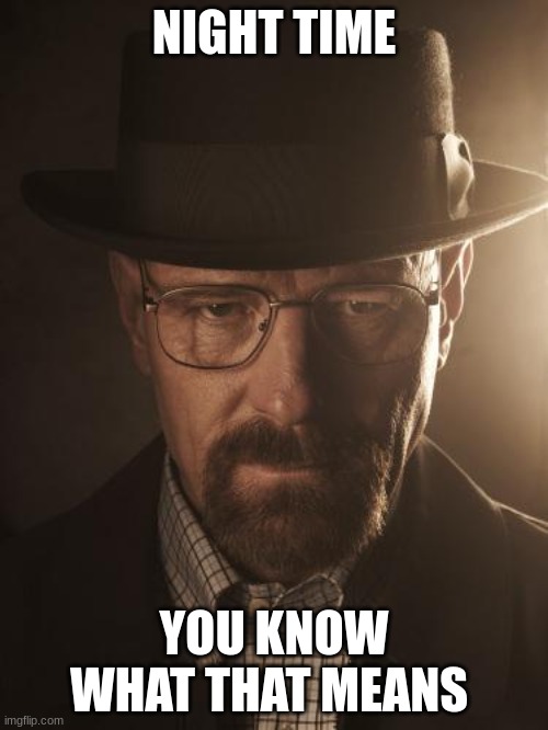 Walter White | NIGHT TIME; YOU KNOW WHAT THAT MEANS | image tagged in walter white | made w/ Imgflip meme maker