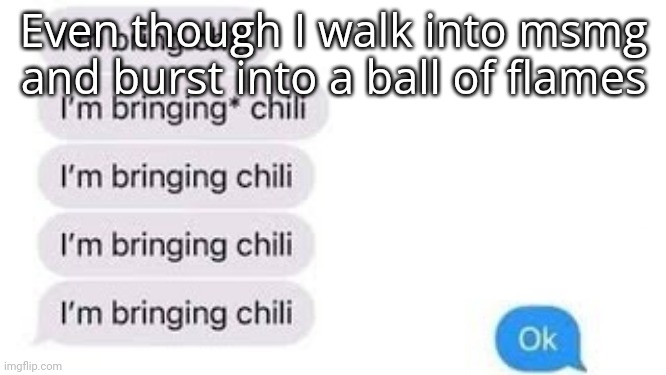 I'm bring chili | Even though I walk into msmg and burst into a ball of flames | image tagged in i'm bring chili | made w/ Imgflip meme maker