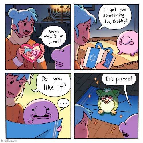 Happy Holidays, everybody! Here's some more Blobby & Friends comics! | image tagged in hanukkah,present,furby,blobfish | made w/ Imgflip meme maker