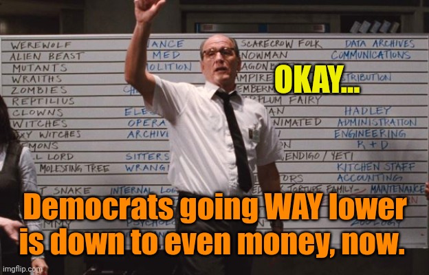 Cabin the the woods | OKAY... Democrats going WAY lower is down to even money, now. | image tagged in cabin the the woods | made w/ Imgflip meme maker