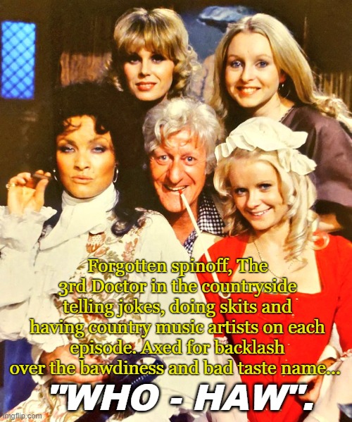 "You met another and PpppT~ You were gone!" | Forgotten spinoff, The 3rd Doctor in the countryside telling jokes, doing skits and having country music artists on each episode. Axed for backlash over the bawdiness and bad taste name... "WHO - HAW". | image tagged in doctor who,funny memes,scifi,mashup | made w/ Imgflip meme maker