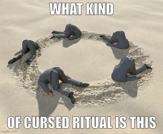 heading here | WHAT KIND; OF CURSED RITUAL IS THIS | image tagged in cursed image,oh god why | made w/ Imgflip meme maker
