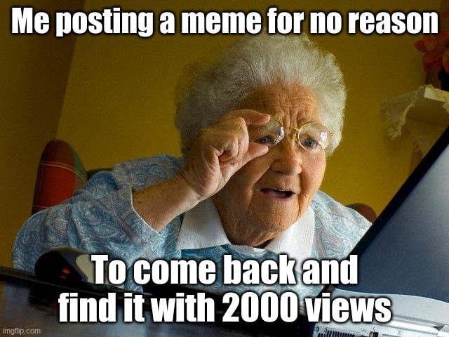 Grandma Finds The Internet | Me posting a meme for no reason; To come back and find it with 2000 views | image tagged in memes,grandma finds the internet | made w/ Imgflip meme maker