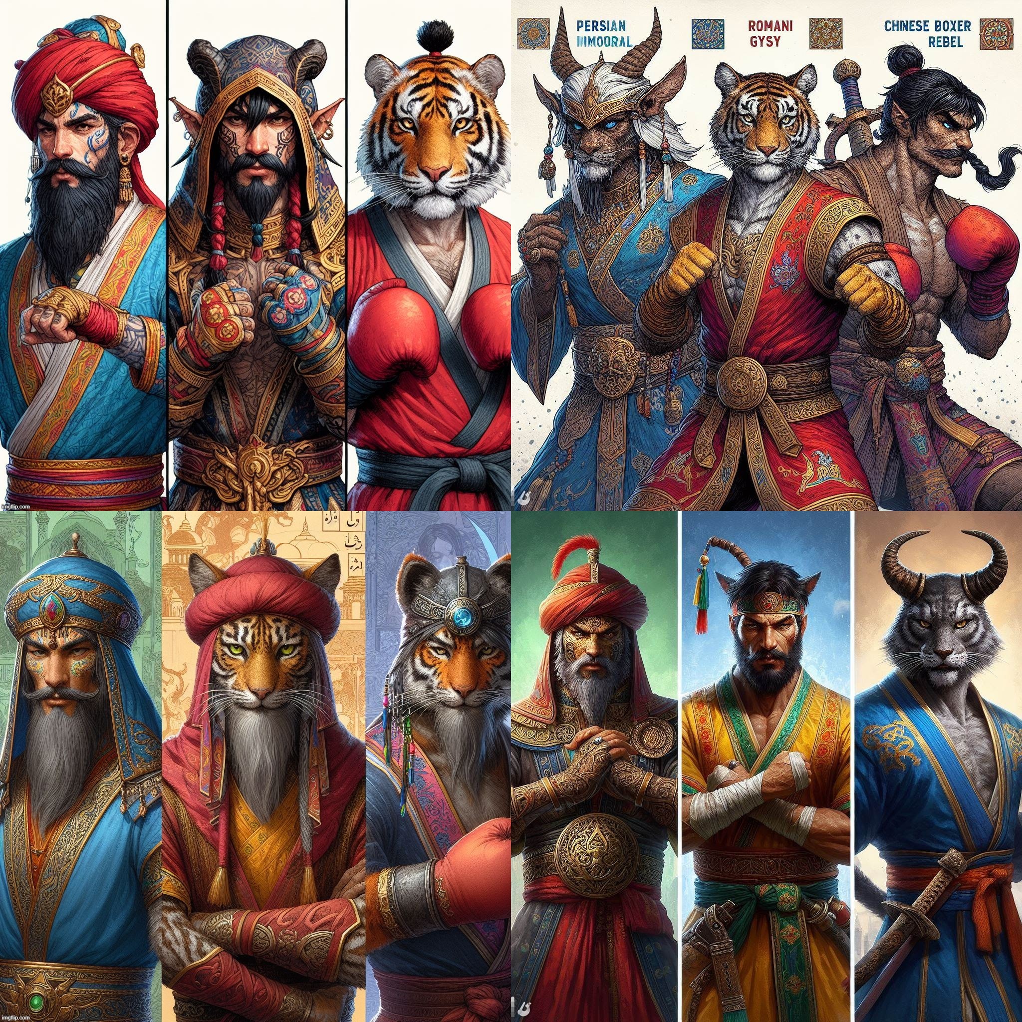 AI Bing: Khajiits as Indo Persian Immortals, Romani Gypsy, and Chinese Boxer Rebels. Mixed results. | image tagged in ai generated,elder scrolls,khajiit,gypsy,chinese boxer rebel,persian | made w/ Imgflip meme maker