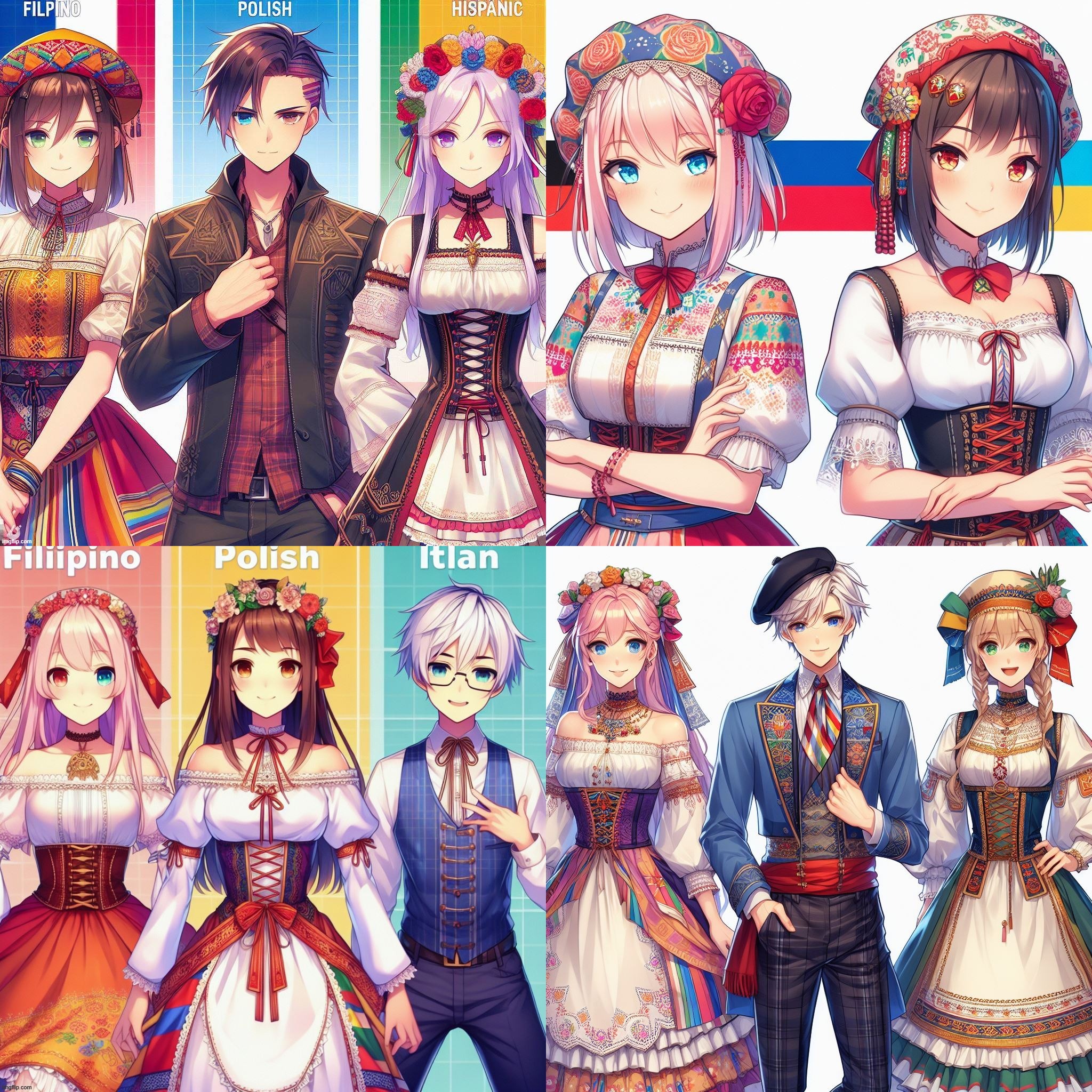 AI Bing: Vtubers dressed in a mix of traditional Polish, Italian, German Hispanic, and Filipino dress for October's History. | image tagged in ai generated,italian,vtuber,october,filipino,polish | made w/ Imgflip meme maker