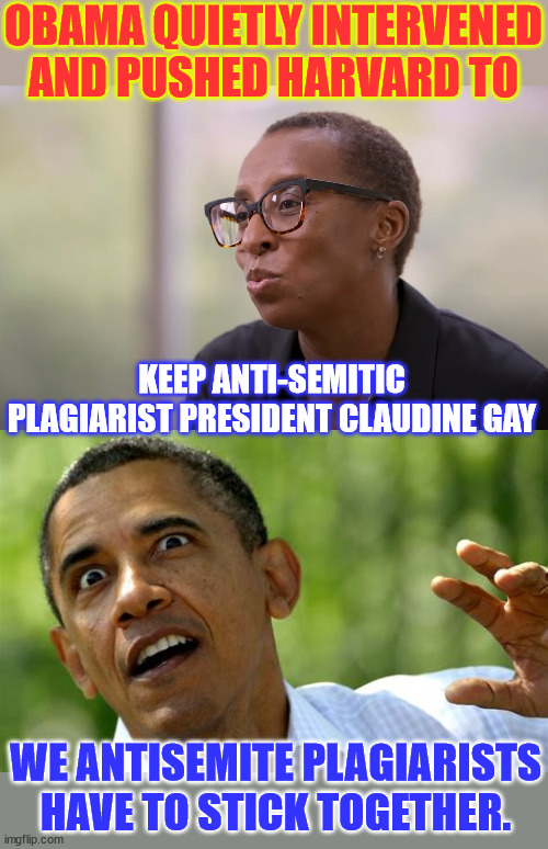 Antisemite plagiarists have to stick together. | OBAMA QUIETLY INTERVENED AND PUSHED HARVARD TO; KEEP ANTI-SEMITIC PLAGIARIST PRESIDENT CLAUDINE GAY; WE ANTISEMITE PLAGIARISTS HAVE TO STICK TOGETHER. | image tagged in 0bama,intervened,antisemite plagiarist | made w/ Imgflip meme maker
