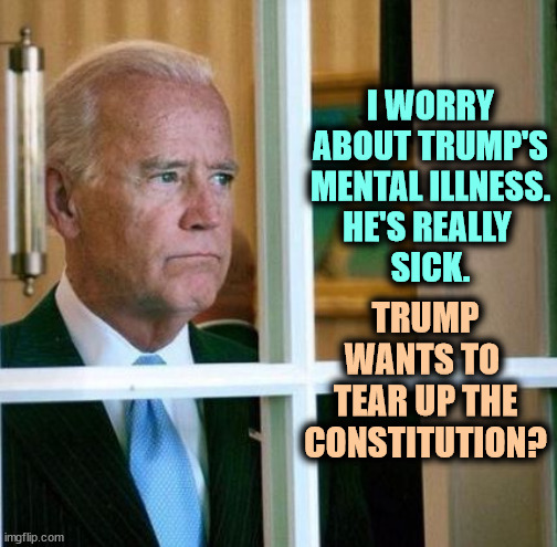Trump's cognitive failure. Biden is in much better shape. | I WORRY ABOUT TRUMP'S MENTAL ILLNESS.
HE'S REALLY 
SICK. TRUMP WANTS TO 
TEAR UP THE CONSTITUTION? | image tagged in sad joe biden,trump,senile dementia,insanity,mental illness,sickness | made w/ Imgflip meme maker
