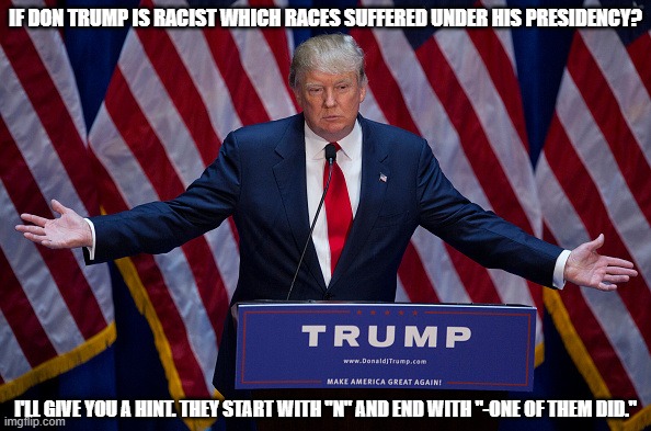 You Thought I was Gonna Say | IF DON TRUMP IS RACIST WHICH RACES SUFFERED UNDER HIS PRESIDENCY? I'LL GIVE YOU A HINT. THEY START WITH "N" AND END WITH "-ONE OF THEM DID." | image tagged in donald trump,shame on you,dirty word | made w/ Imgflip meme maker