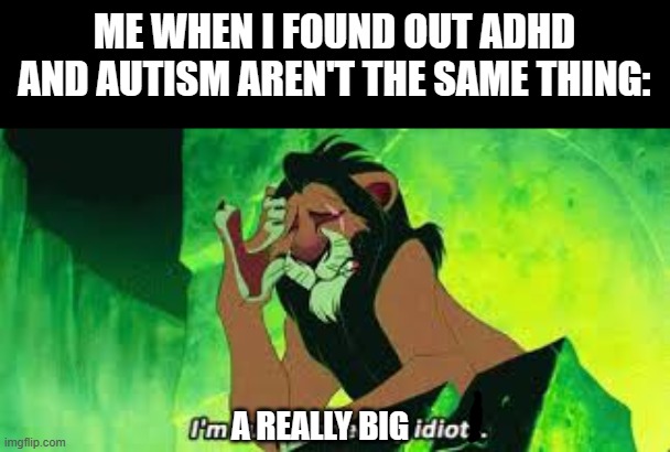 I always believe that. | ME WHEN I FOUND OUT ADHD AND AUTISM AREN'T THE SAME THING:; A REALLY BIG | image tagged in i'm surrounded by idiots | made w/ Imgflip meme maker
